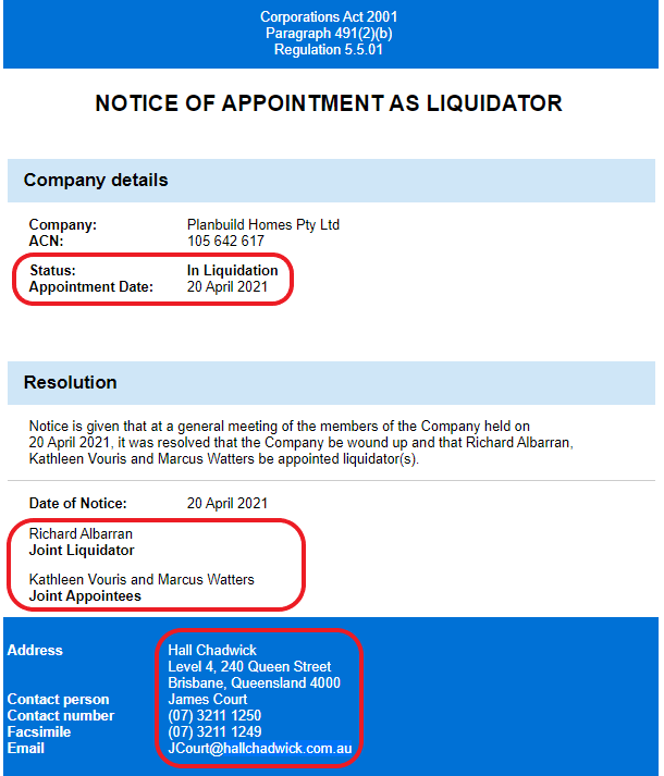 example notice of builder liquidation