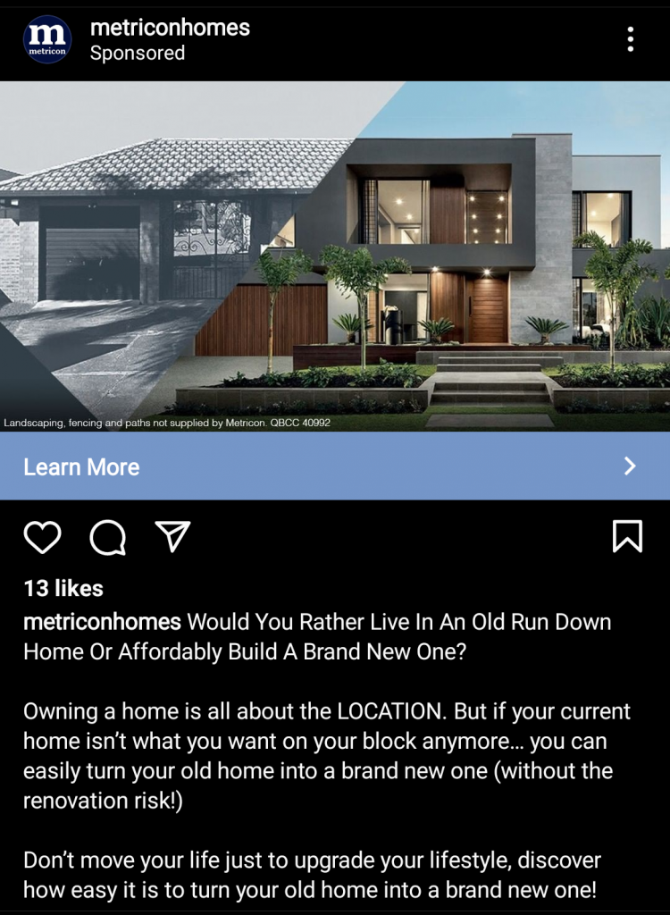 Metricon Knock down rebuild advertisement
